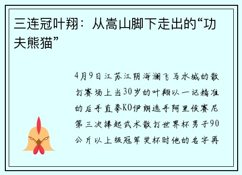 三连冠叶翔:从嵩山脚下走出的“功夫熊猫”